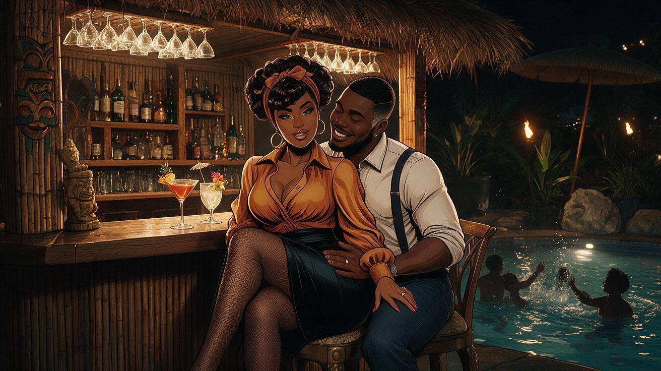 A couple at the tiki bar
