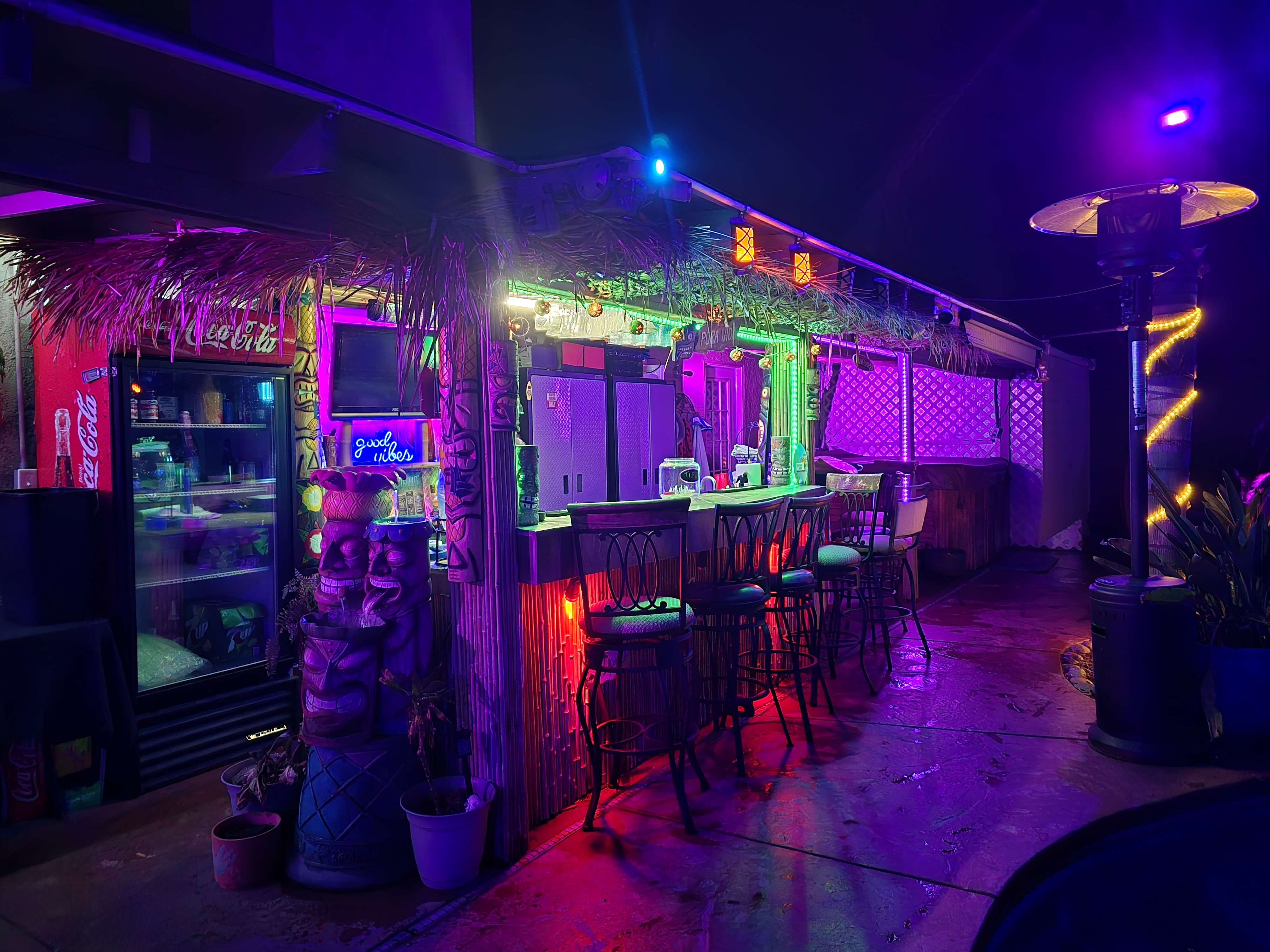 The Hideaway's tiki bar at night